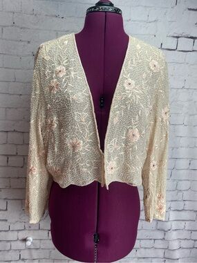 Mon Cheri bridal beaded evening jacket creamy pink with flowers size 16